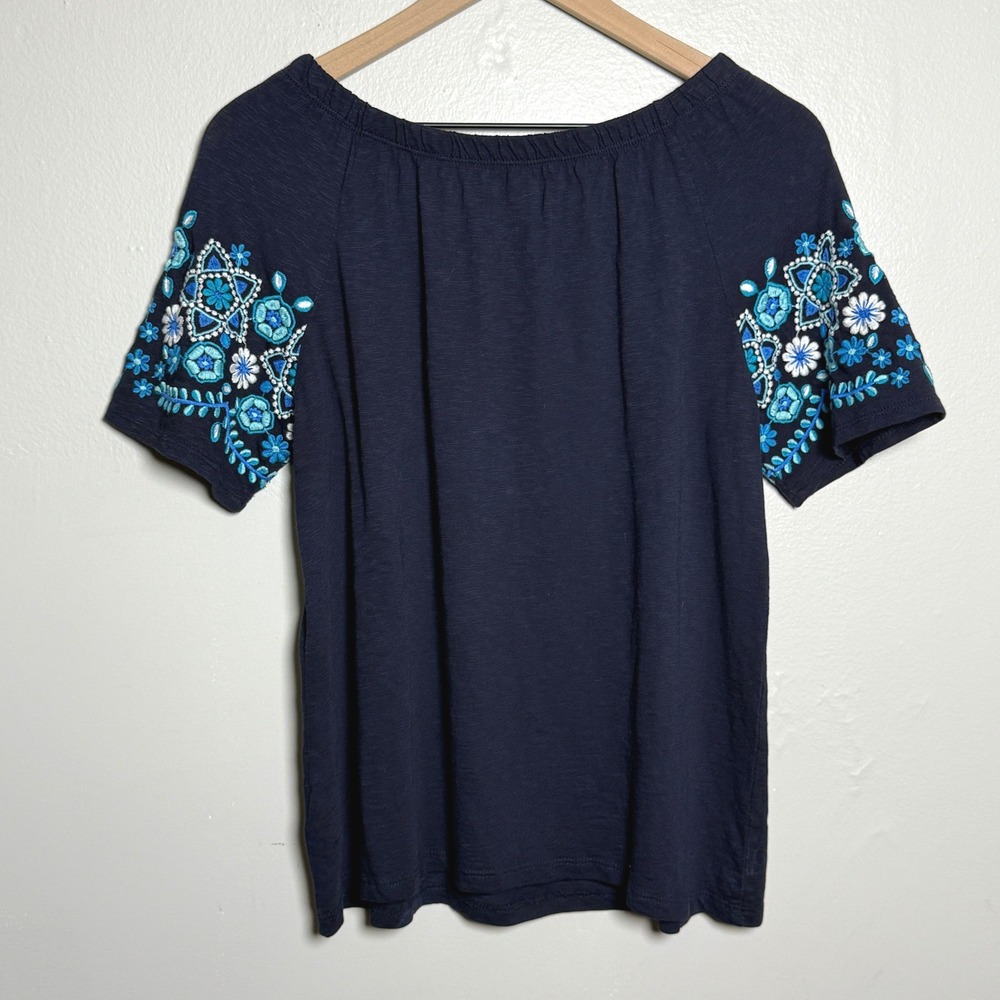 Talbots Womens‎ Blouse M Petite Blue Cotton Embroidered Floral Off Shoulder Boho - Picture 2 of 8
